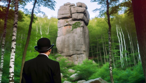 Ein Mann im schwarzen Anzug mit Melone auf dem Kopf ist von hinten zu sehen wie er auf einen hohen Felsbrocken schaut, der mittem im Laubwald steht-1